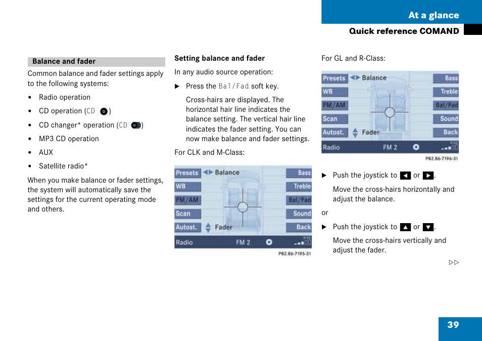 Balance and fader, 39 at a glance | Mercedes-Benz CLK-Class 2008 COMAND Manual User Manual | Page 39 / 232
