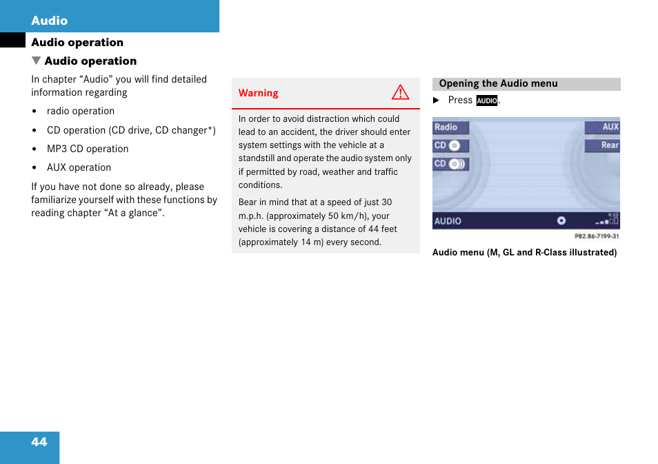 Audio operation, Opening the audio menu, 44 audio | Mercedes-Benz CLK-Class 2008 COMAND Manual User Manual | Page 44 / 232