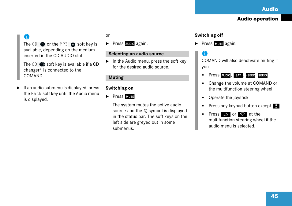 Selecting an audio source, Muting, Selecting an audio source muting | 45 audio | Mercedes-Benz CLK-Class 2008 COMAND Manual User Manual | Page 45 / 232