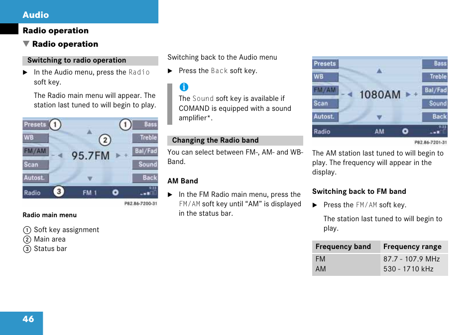 Radio operation, Switching to radio operation, Changing the radio band | 46 audio | Mercedes-Benz CLK-Class 2008 COMAND Manual User Manual | Page 46 / 232