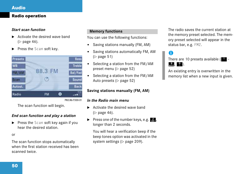 Memory functions, 50 audio | Mercedes-Benz CLK-Class 2008 COMAND Manual User Manual | Page 50 / 232