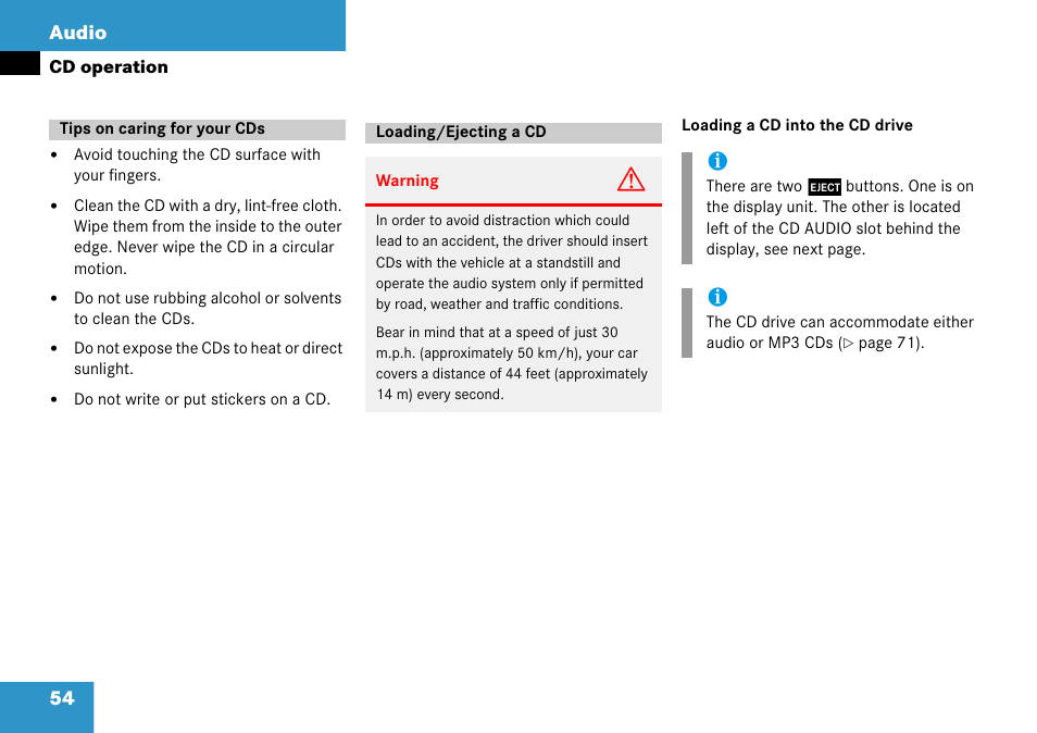 Tips on caring for your cds, Loading/ejecting a cd, Tips on caring for your cds loading/ejecting a cd | 54 audio | Mercedes-Benz CLK-Class 2008 COMAND Manual User Manual | Page 54 / 232