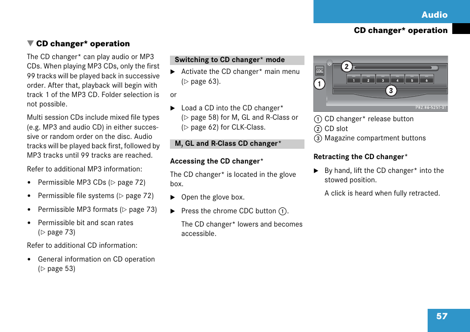 Cd changer* operation, Switching to cd changer* mode, M, gl and r-class cd changer | 57 audio | Mercedes-Benz CLK-Class 2008 COMAND Manual User Manual | Page 57 / 232