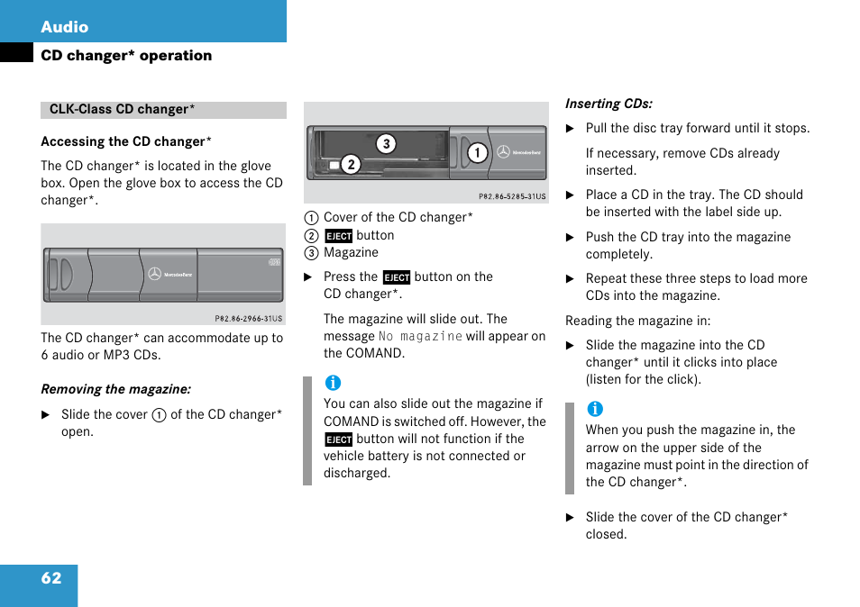Clk-class cd changer, 62 audio | Mercedes-Benz CLK-Class 2008 COMAND Manual User Manual | Page 62 / 232
