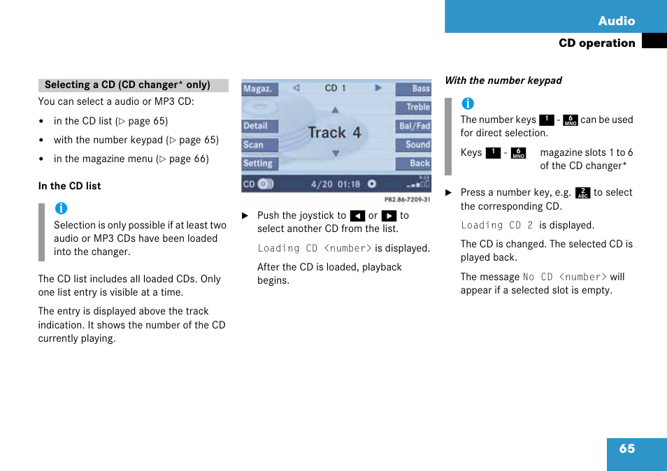 Selecting a cd (cd changer* only), Selecting a cd (cd changer* only). 65, 65 audio | Mercedes-Benz CLK-Class 2008 COMAND Manual User Manual | Page 65 / 232