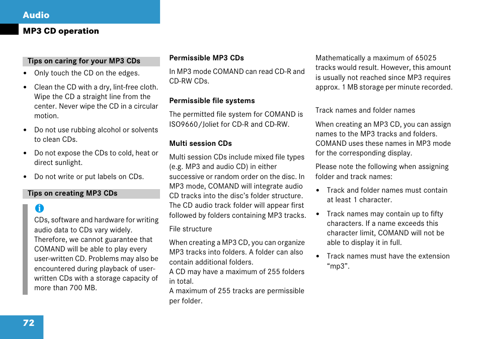 Tips on caring for your mp3 cds, Tips on creating mp3 cds, 72 audio | Mercedes-Benz CLK-Class 2008 COMAND Manual User Manual | Page 72 / 232