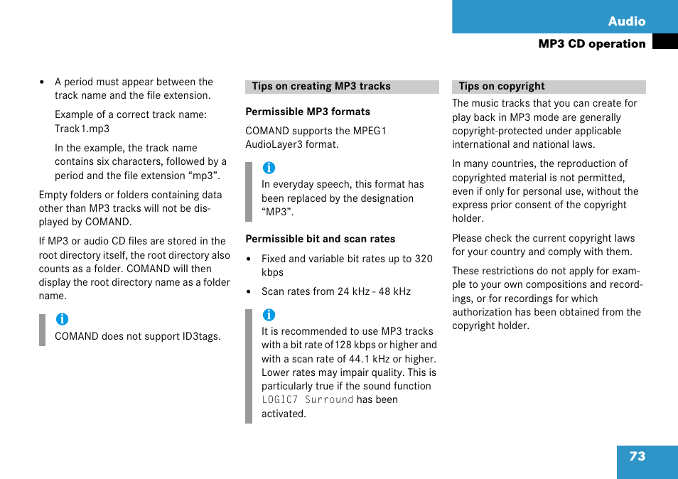 Tips on creating mp3 tracks, Tips on copyright, Tips on creating mp3 tracks tips on copyright | 73 audio | Mercedes-Benz CLK-Class 2008 COMAND Manual User Manual | Page 73 / 232