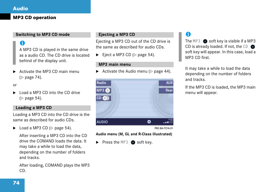 Switching to mp3 cd mode, Loading a mp3 cd, Ejecting a mp3 cd | Mp3 main menu, 74 audio | Mercedes-Benz CLK-Class 2008 COMAND Manual User Manual | Page 74 / 232