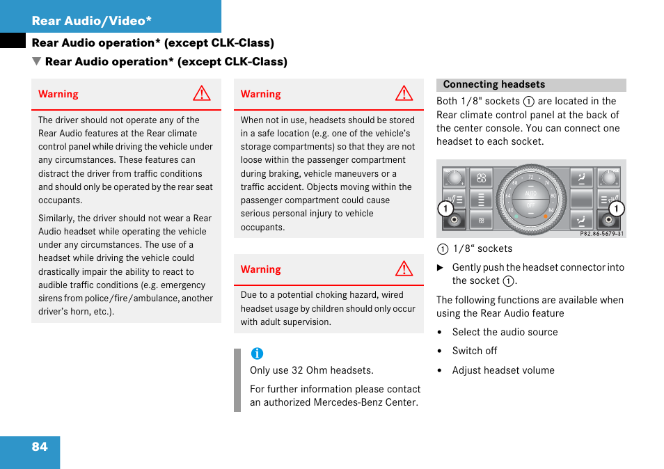 Rear audio operation* (except clk-class), Connecting headsets, 84 rear audio/video | Mercedes-Benz CLK-Class 2008 COMAND Manual User Manual | Page 84 / 232