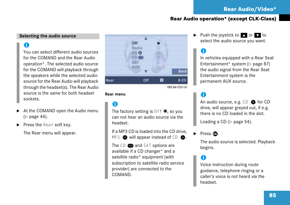 Selecting the audio source, 85 rear audio/video | Mercedes-Benz CLK-Class 2008 COMAND Manual User Manual | Page 85 / 232