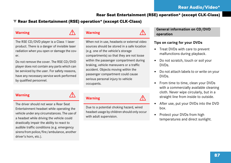 General information on cd/dvd operation, Nment, Entertainment* system | 87 rear audio/video | Mercedes-Benz CLK-Class 2008 COMAND Manual User Manual | Page 87 / 232
