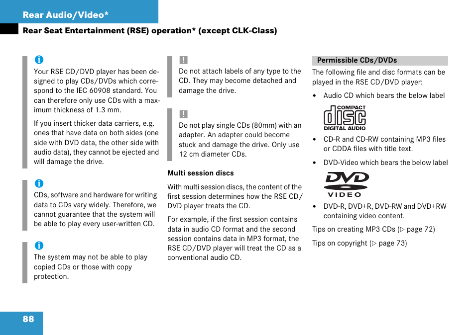 Permissible cds/dvds, 88 rear audio/video | Mercedes-Benz CLK-Class 2008 COMAND Manual User Manual | Page 88 / 232