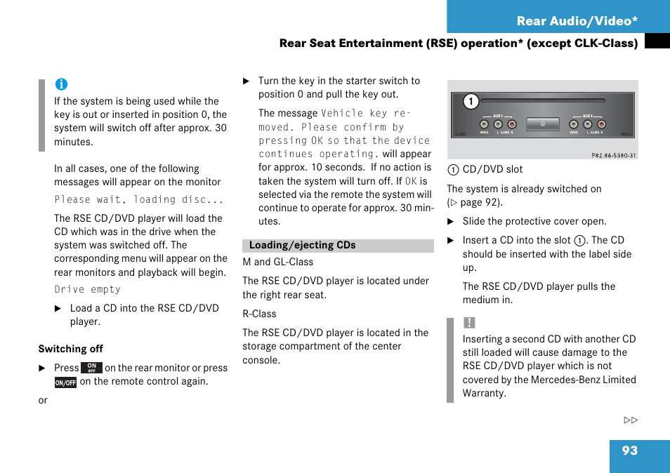 Loading/ejecting cds, 93 rear audio/video | Mercedes-Benz CLK-Class 2008 COMAND Manual User Manual | Page 93 / 232