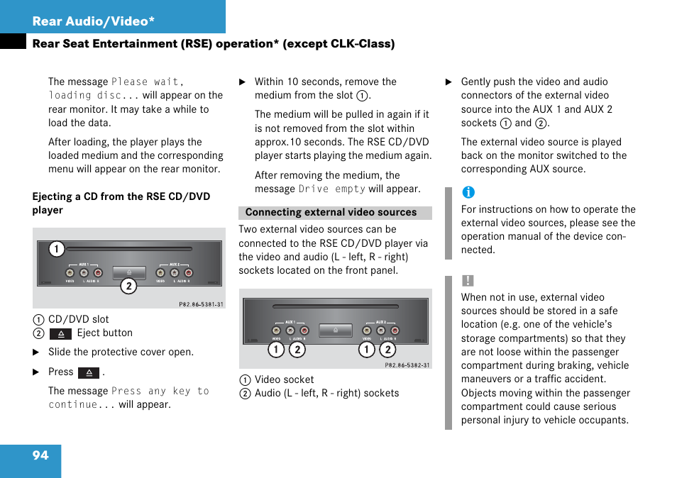 Connecting external video sources, Connecting external video sources. 94, 94 rear audio/video | Mercedes-Benz CLK-Class 2008 COMAND Manual User Manual | Page 94 / 232
