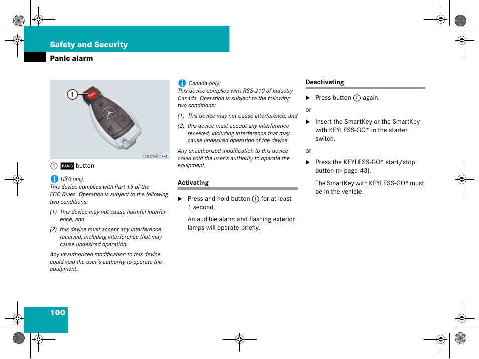 Panic alarm, Activating, Deactivating | Activating deactivating, Panic button | Mercedes-Benz GL-Class 2008 Owners Manual User Manual | Page 101 / 601