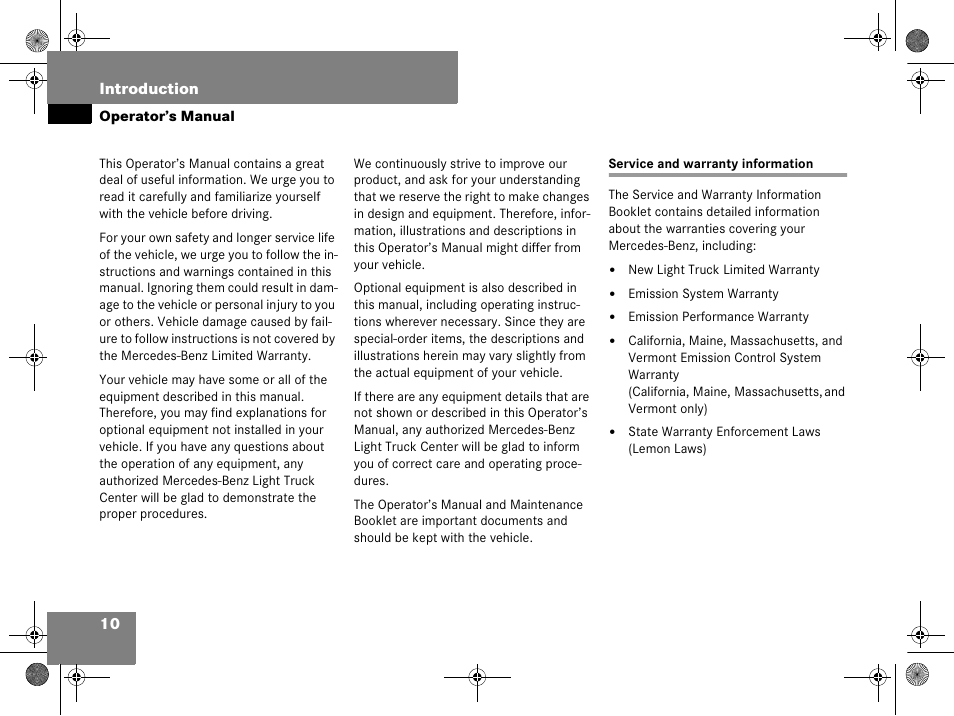 Operator’s manual, Emission control:system warranties, Service and warranty information | Mercedes-Benz GL-Class 2008 Owners Manual User Manual | Page 11 / 601