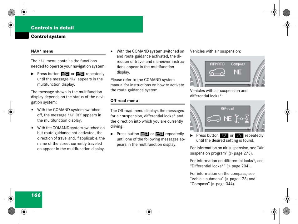 Control system menus:off-road, Nav* menu off-road menu | Mercedes-Benz GL-Class 2008 Owners Manual User Manual | Page 167 / 601