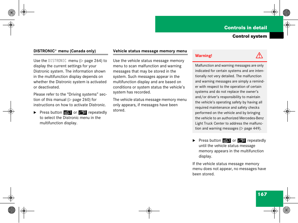 Control system menus:distronic* (canada only), Control system menus:vehicle status message memory | Mercedes-Benz GL-Class 2008 Owners Manual User Manual | Page 168 / 601