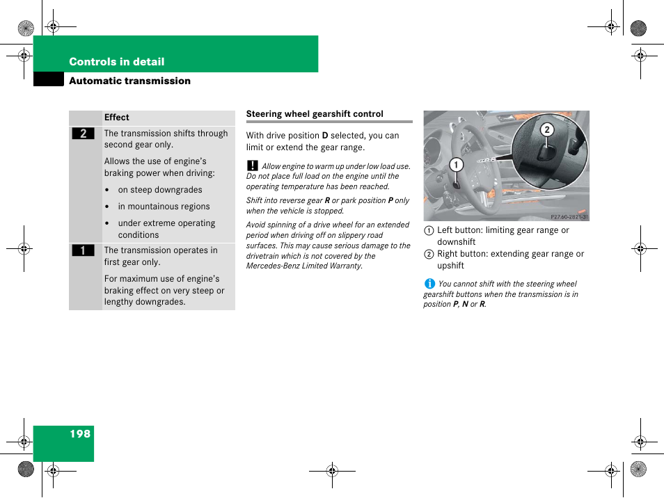 Steering wheel gearshift control, Buttons | Mercedes-Benz GL-Class 2008 Owners Manual User Manual | Page 199 / 601