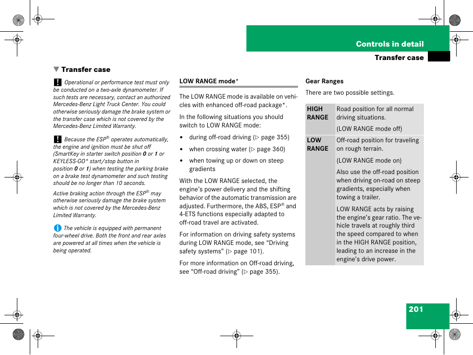 Transfer case, Low range mode, Nge* mode | Mercedes-Benz GL-Class 2008 Owners Manual User Manual | Page 202 / 601