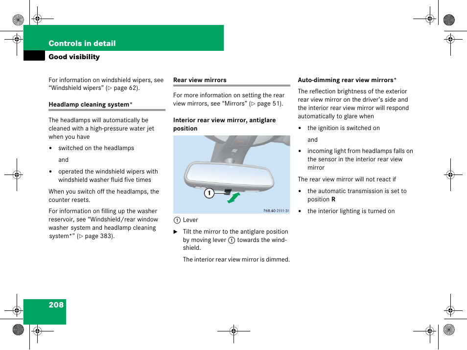 Good visibility, Headlamp cleaning system, Headlamp cleaning system* rear view mirrors | More information, see “rear view mir- rors, See “rear view mir- rors, See “headlamp cleaning system | Mercedes-Benz GL-Class 2008 Owners Manual User Manual | Page 209 / 601
