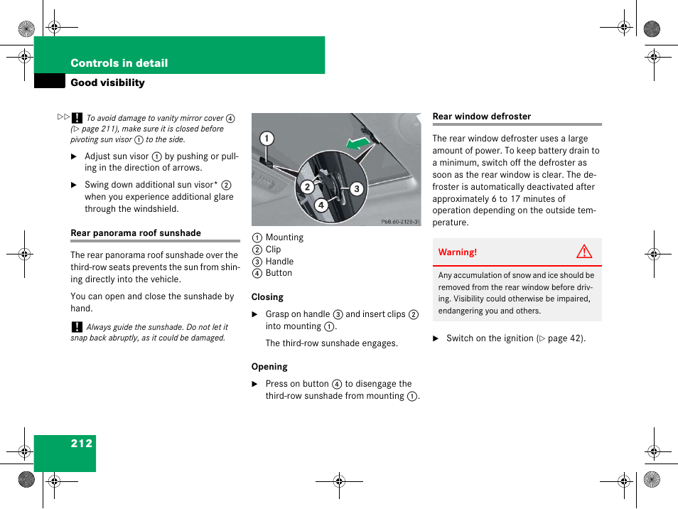 Panorama roof, rear, Defrosting, rear, Rear panorama roof sunshade rear window defroster | Mercedes-Benz GL-Class 2008 Owners Manual User Manual | Page 213 / 601