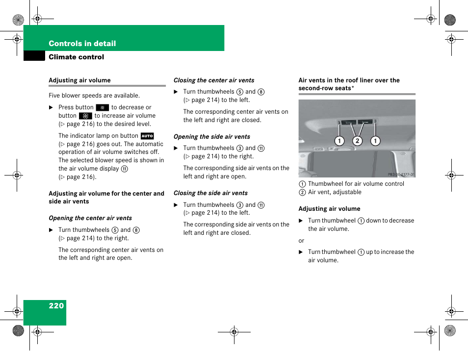 Climate control:air volume, Climate control: air vents*, second-row seats | Mercedes-Benz GL-Class 2008 Owners Manual User Manual | Page 221 / 601