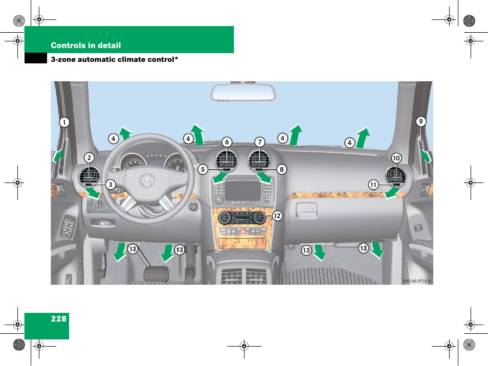 Automatic climate control (3-zone), Zone automatic climate control | Mercedes-Benz GL-Class 2008 Owners Manual User Manual | Page 229 / 601