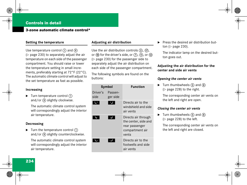 Setting the temperature, Air distribution, front, Setting the temperature adjusting air distribution | Mercedes-Benz GL-Class 2008 Owners Manual User Manual | Page 235 / 601