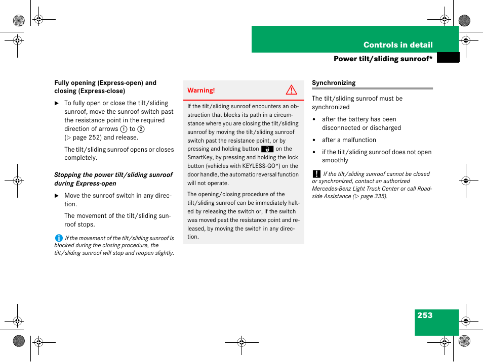 Power tilt/sliding sunroof*:synchronizing, Synchronizing | Mercedes-Benz GL-Class 2008 Owners Manual User Manual | Page 254 / 601