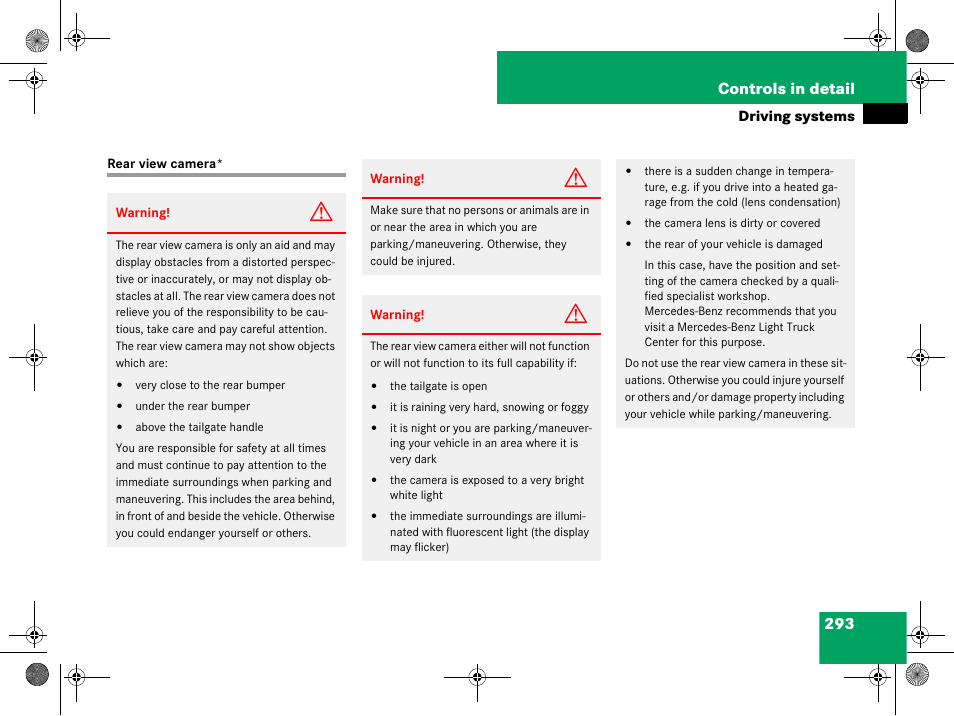 Rear view camera, 293 controls in detail | Mercedes-Benz GL-Class 2008 Owners Manual User Manual | Page 294 / 601