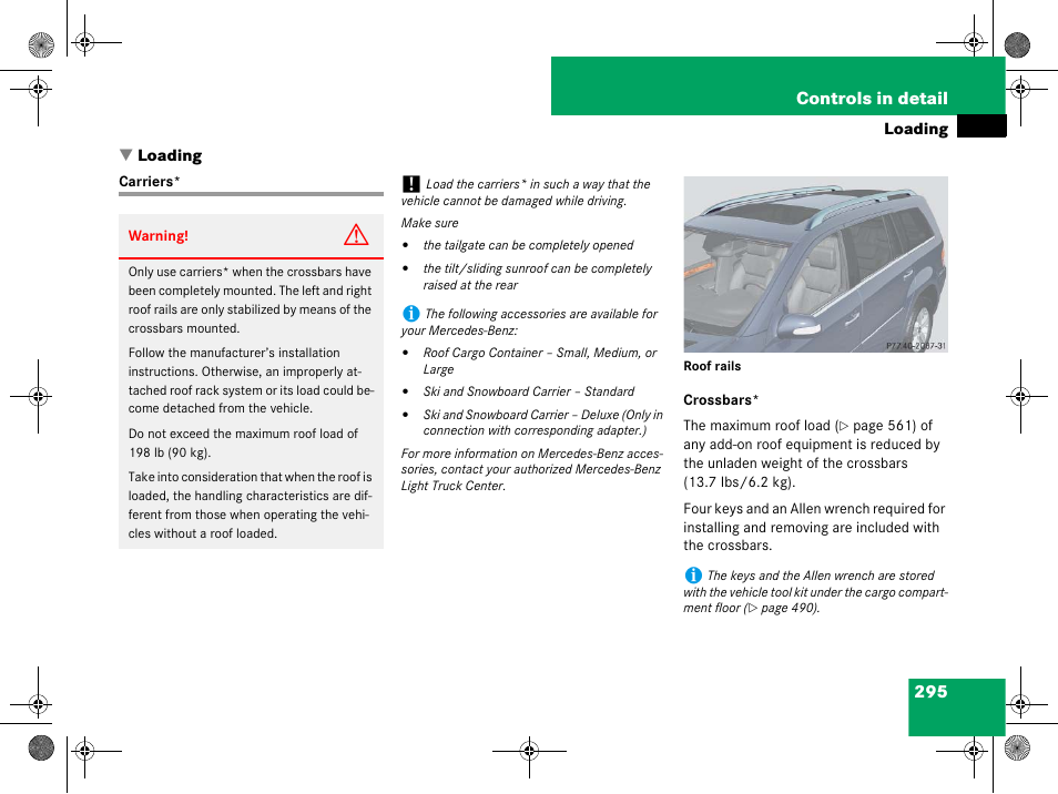 Loading, Carriers, On seats, see “load- ing | Mercedes-Benz GL-Class 2008 Owners Manual User Manual | Page 296 / 601