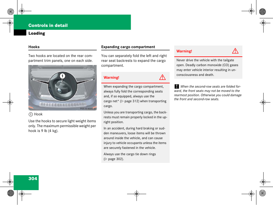 Hooks:loading, Vehicle loading:expanding cargo compartment, Hooks expanding cargo compartment | Mercedes-Benz GL-Class 2008 Owners Manual User Manual | Page 305 / 601