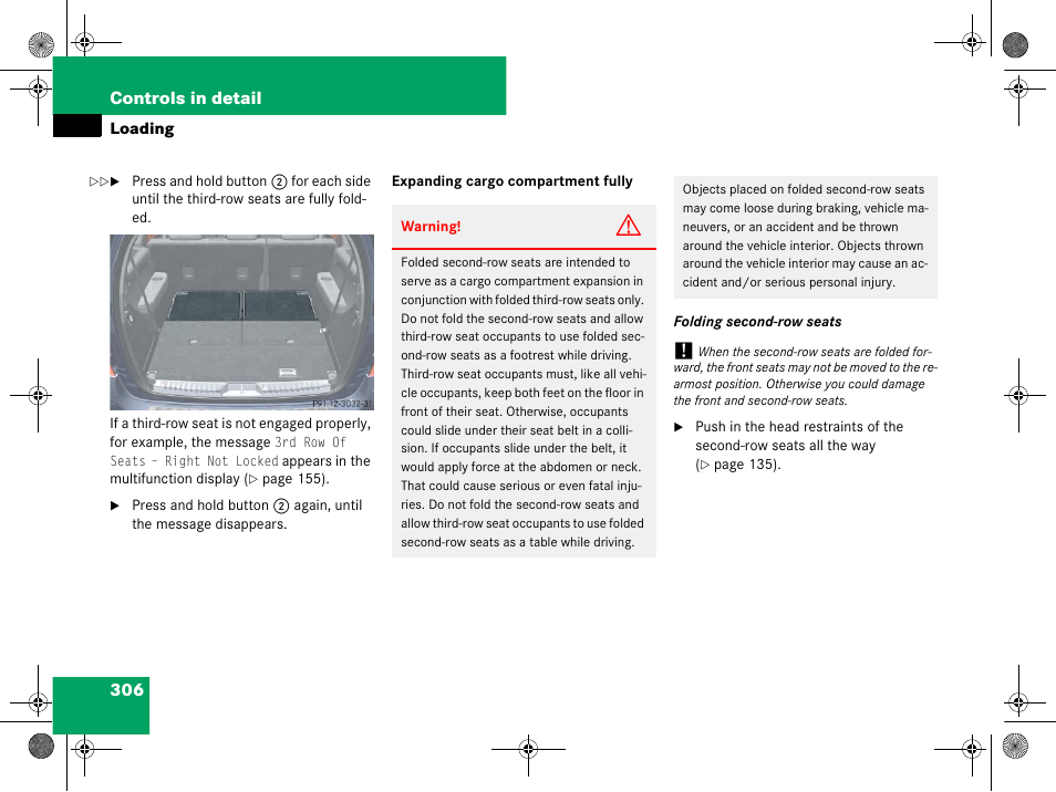 See “folding second-row seats, 306 controls in detail | Mercedes-Benz GL-Class 2008 Owners Manual User Manual | Page 307 / 601