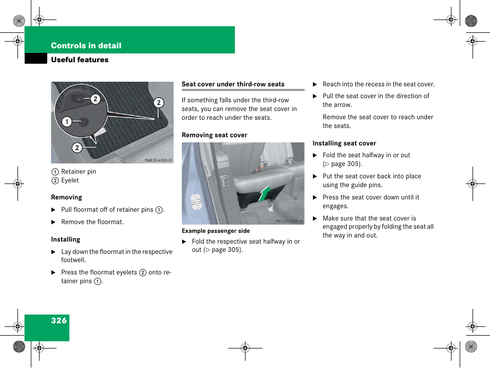 Seat cover under thirdrow seats, Seat cover under third-row seats . 326, 326 controls in detail | Mercedes-Benz GL-Class 2008 Owners Manual User Manual | Page 327 / 601