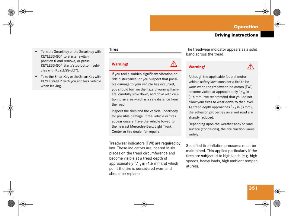Tires:driving instructions, Tires, 351 operation | Mercedes-Benz GL-Class 2008 Owners Manual User Manual | Page 352 / 601