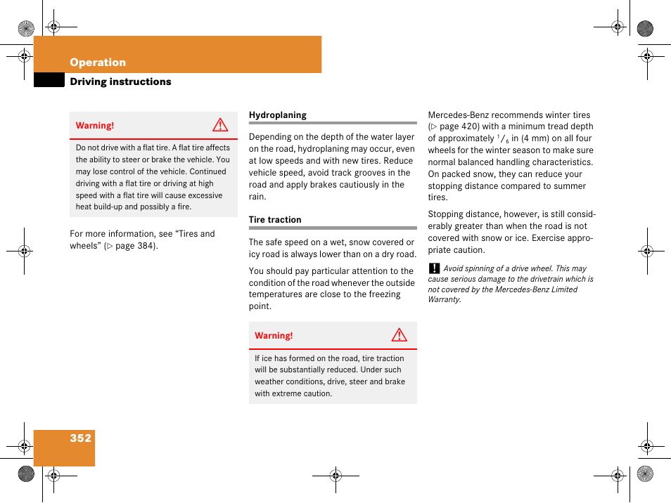 Driving:hydroplaning, Tires:traction, Hydroplaning tire traction | Mercedes-Benz GL-Class 2008 Owners Manual User Manual | Page 353 / 601