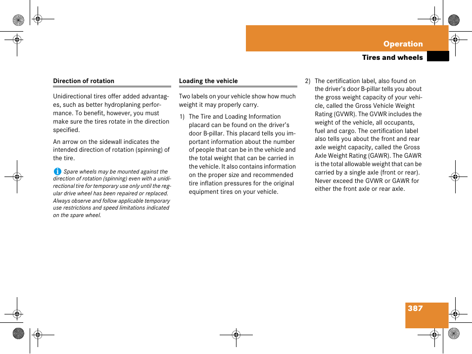 Direction of rotation (tires), Tires:loading the vehicle, Direction of rotation loading the vehicle | Mercedes-Benz GL-Class 2008 Owners Manual User Manual | Page 388 / 601