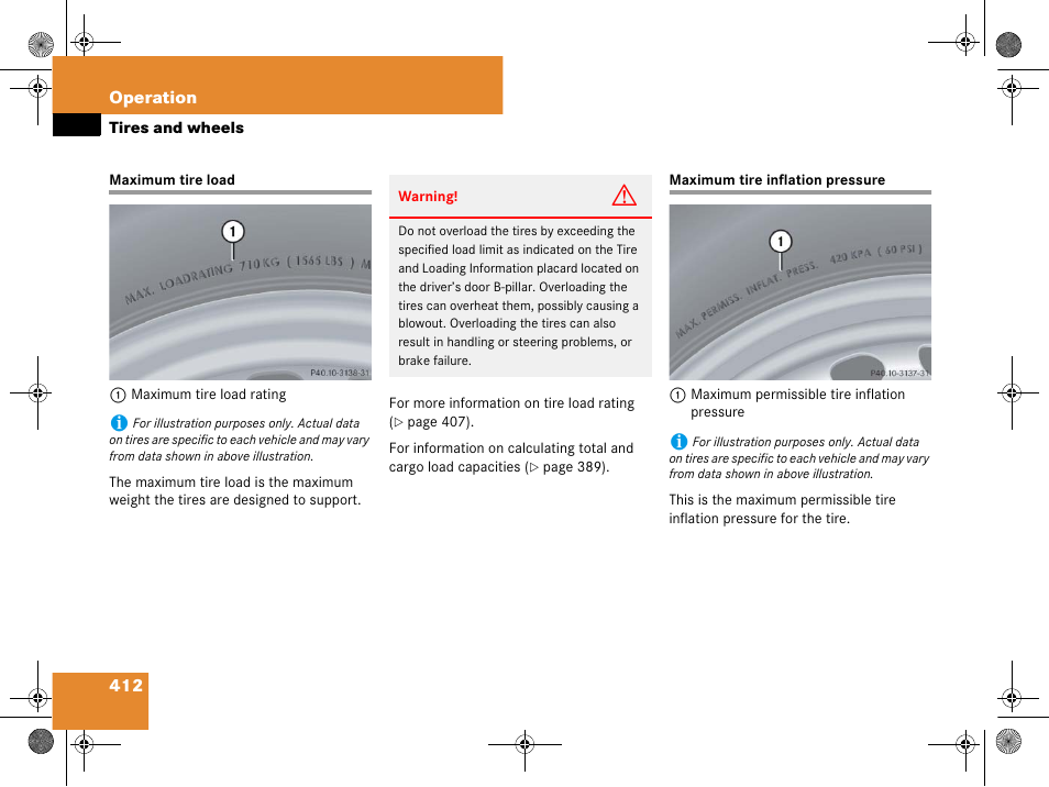 Maximum tire load, Maximum tire pressure, Maximum tire load maximum tire inflation pressure | Mercedes-Benz GL-Class 2008 Owners Manual User Manual | Page 413 / 601