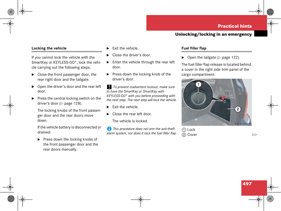 Emergency operation:locking/unlocking the vehicle, Fuel:fuel filler flap and cap, Locking the vehicle fuel filler flap | 497 practical hints | Mercedes-Benz GL-Class 2008 Owners Manual User Manual | Page 498 / 601