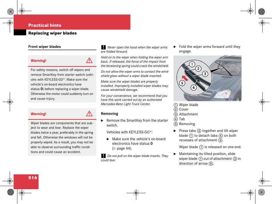 Windshield wipers:replacing wiper blades, Front wiper blades, Replacing wiper blades | Mercedes-Benz GL-Class 2008 Owners Manual User Manual | Page 517 / 601