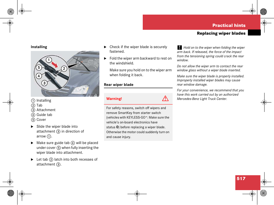 Rear wiper blade | Mercedes-Benz GL-Class 2008 Owners Manual User Manual | Page 518 / 601