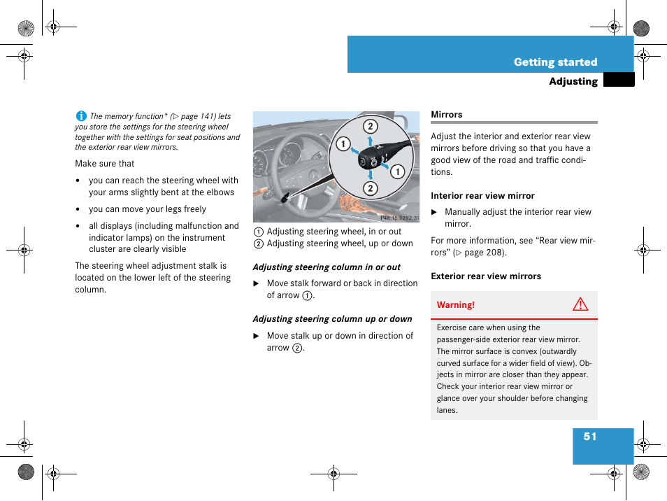 Mirrors:adjusting, Mirrors | Mercedes-Benz GL-Class 2008 Owners Manual User Manual | Page 52 / 601