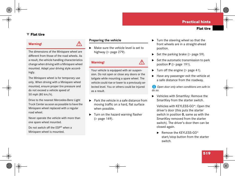 Flat tire, Preparing the vehicle, Necessary, replace the wheel | 519 practical hints | Mercedes-Benz GL-Class 2008 Owners Manual User Manual | Page 520 / 601