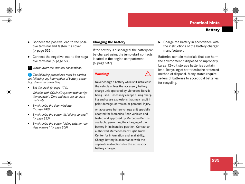 Battery, vehicle:charging, Charging the battery, 535 practical hints | Mercedes-Benz GL-Class 2008 Owners Manual User Manual | Page 536 / 601