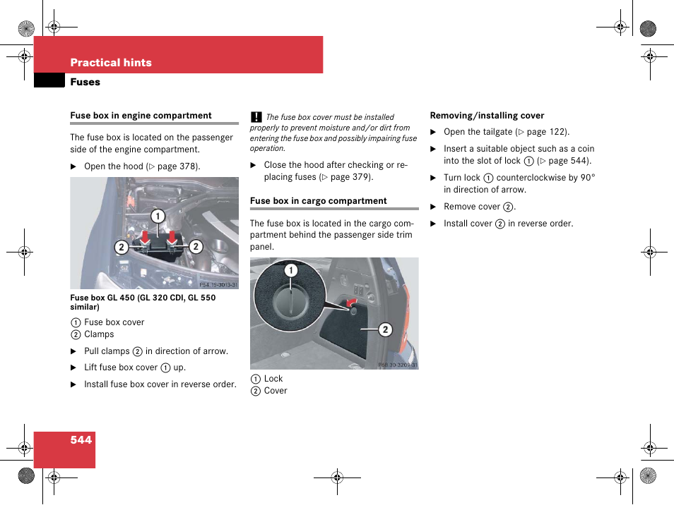 Fuses:fuse box in engine compartment, Fuses:fuse box in cargo compartment, 544 practical hints | Mercedes-Benz GL-Class 2008 Owners Manual User Manual | Page 545 / 601