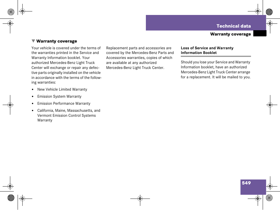 Warranty coverage, Loss of service and warranty information booklet | Mercedes-Benz GL-Class 2008 Owners Manual User Manual | Page 550 / 601