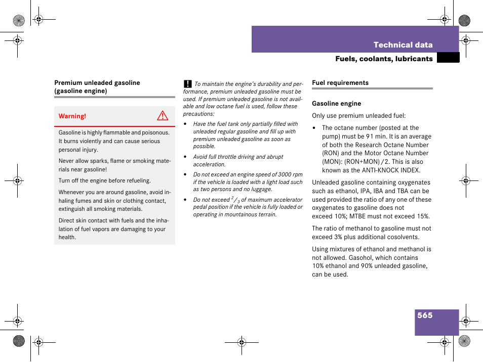 Premium unleaded gasoline, Technical data:fuel requirements, See “premium unleaded gasoline (gasoline engine) | 565 technical data | Mercedes-Benz GL-Class 2008 Owners Manual User Manual | Page 566 / 601