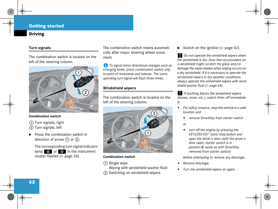 Turn signals, Windshield wipers, Turn signals windshield wipers | 62 getting started | Mercedes-Benz GL-Class 2008 Owners Manual User Manual | Page 63 / 601