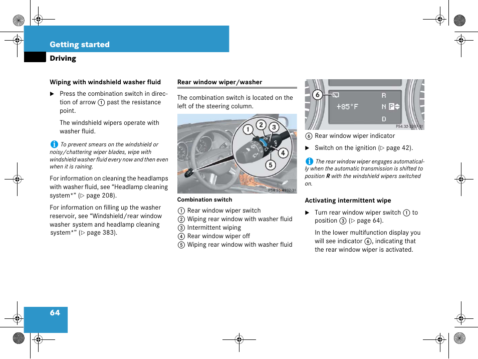 Windshield wipers:rear window wiper/washer, Rear window wiper/washer, Fluid | Mercedes-Benz GL-Class 2008 Owners Manual User Manual | Page 65 / 601